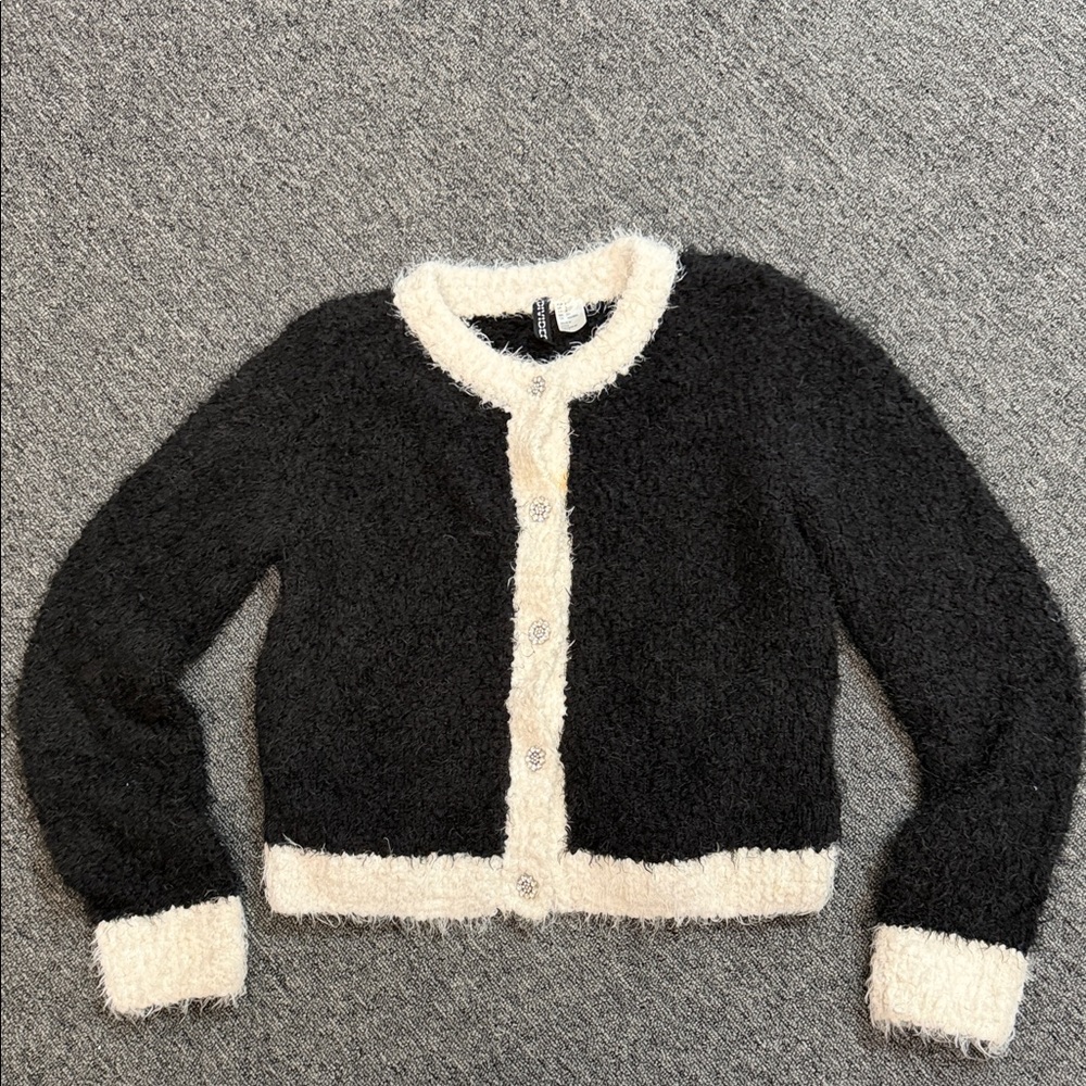 H&M Black and Cream Fuzzy Cardigan